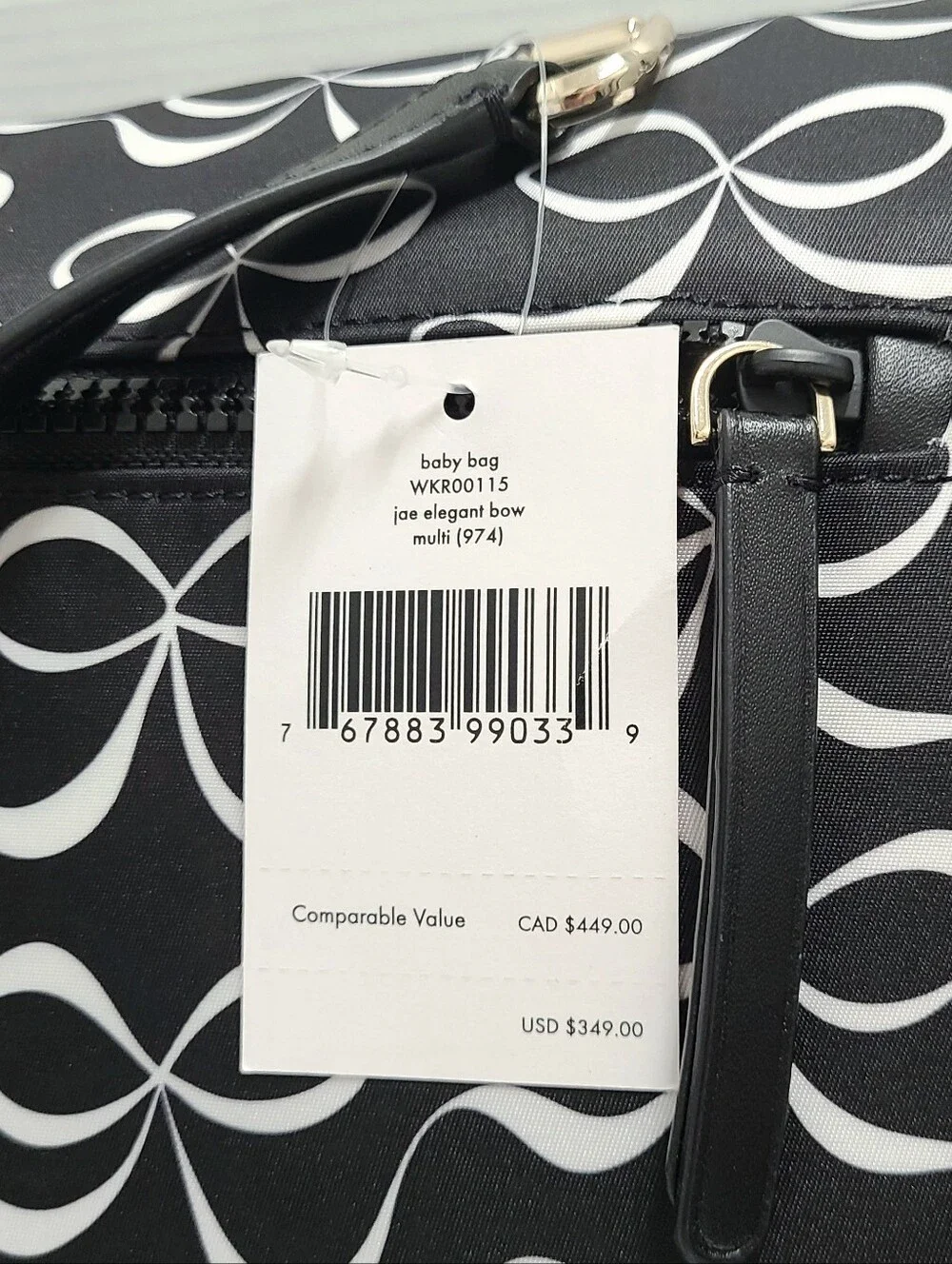 Kate Spade New York Large Baby Diaper Bag Black & White Jae Elegant Bow NWT